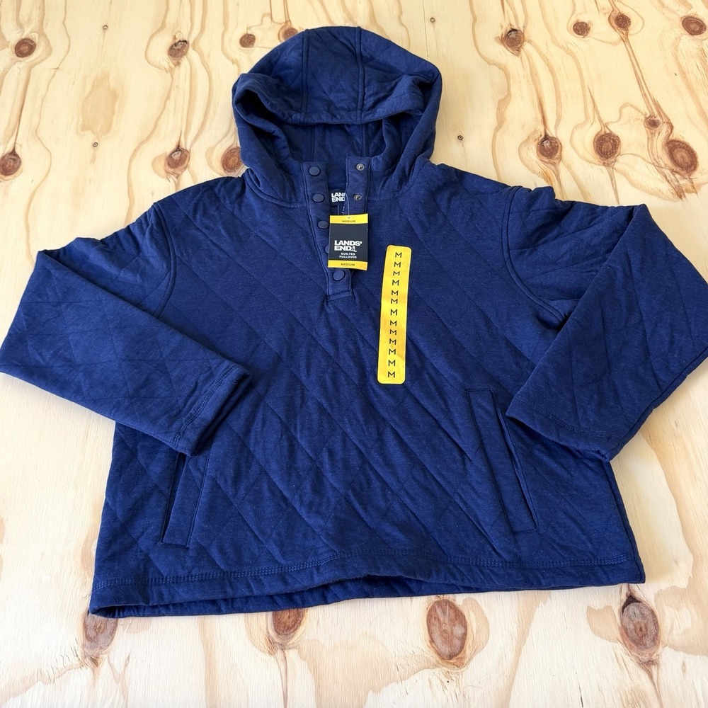 Lands End Quilted Button Pullover Hoodie Jacket M Navy Blue Outdoor Gorpcore
